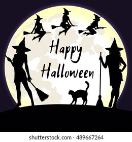 Halloween background with bright fool moon and witches flying and standing with broomstick. Happy Halloween greeting card.