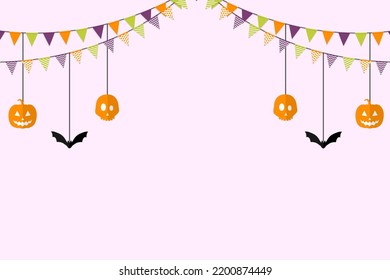 Halloween background with buntings. Festive flags, pendants in the form of a pumpkin, a skull and a bat.