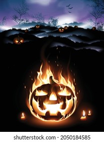 Halloween background with  a burning pumpkin. High detailed realistic illustration