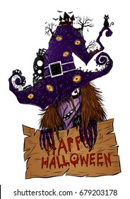 Halloween background by hand drawing.Witch vector on white background.