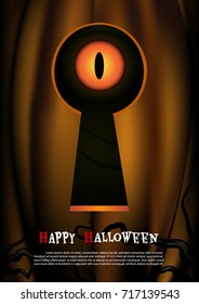 Halloween background by vector.Eye of pumpkin peek through the keyhole.