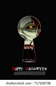 Halloween background by vector.Eye of zombie peek through the keyhole.