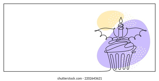 Halloween Background With Cake With Bat Wings. Continuous Line Drawing Of Scary Party Food, Vector Outline Frame For Holiday Cards, Invitations. Hand Drawn Cute Illustration With Copy Space For Text