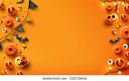 Halloween  background with candle light, pumpkin and Halloween Elements on orange color background.Website spooky,Background or banner Halloween template.Vector illustration eps 10