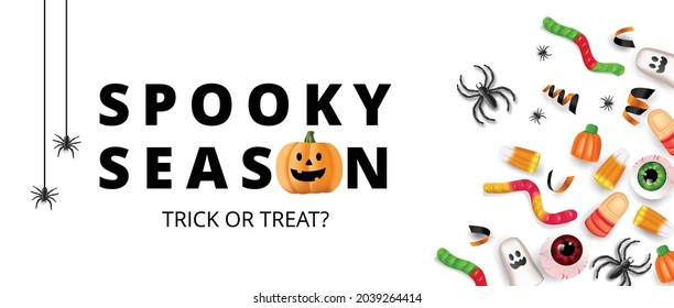 Halloween background with candy, eyeballs, spiders and pumpkin. Vector