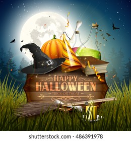 Halloween background or card with Halloween elements and old wooden sign with calligraphic lettering