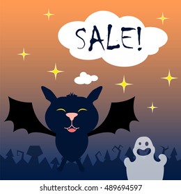 Halloween background with cartoon characters and speech bubble. Square illustration with bat and ghost. Halloween vector for card, event invitation, sale or discount banner template with text place
