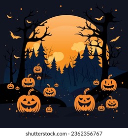 Halloween background cartoon with pumpkin and bat on fly, spooky forest and moon background display