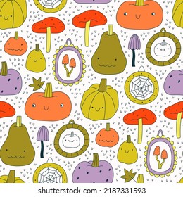 Halloween background. Cartoon smiling pumpkins and fly agarics. Hand drawn vector seamless pattern. Cute autumn characters.