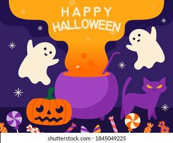 Halloween background cartoon stylized vector illustration pumpkin, cat, and ghost with candy