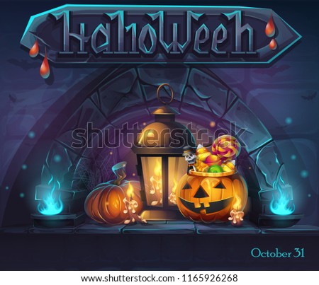 Halloween background - cartoon stylized vector illustration pumpkin, lantern and candles witn a drop of blood