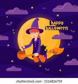 halloween background cartoon witch and cat flying with broom