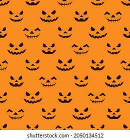 Halloween Background with Carved Faces. Black Silhouettes on Orange Background. Seamless Pattern for Festive Decorations,Carving Competition Invitations, Gift wrapping, Wallpapers, Fabric, Banners