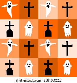 Halloween background with Casper ghost, grave, tomb, cross. Orange tone box background. Colorful picture. Greeting, invitation card or flyer. Game backdrop. Vector illustration. Halloween and autumn.