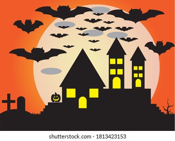 halloween background with castle and bats