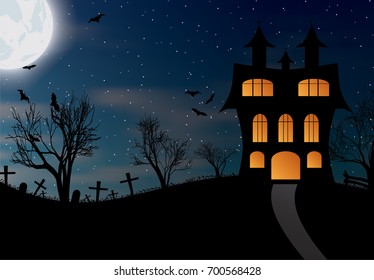 Halloween background with castle, bats and big moon. Vector illustration