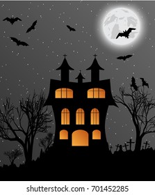 Halloween background with castle, bats and big moon. Vector illustration