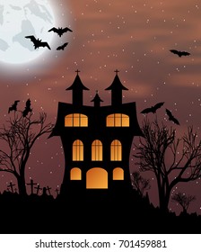 Halloween background with castle, bats and big moon. Vector illustration