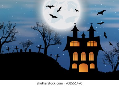 Halloween background with castle, bats and big moon. Vector illustration