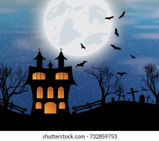 Halloween background with castle, bats and big moon. Vector illustration