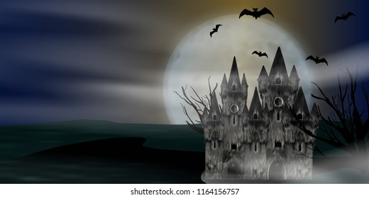 Halloween background with castle, bats and full moon. Vector illustration.