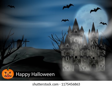 Halloween background with castle, bats to background full moon and pumpkin. Vector illustration.