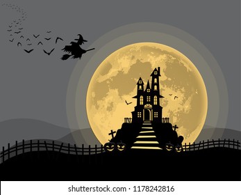 Halloween background and castle black mysterious landscape, cartoon witch house, full moon. vector