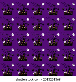 Halloween background with  castle,  ghost, , bat on dark purple background   . Design for fabric, textile print, wrapping paper, children textile, cover. Vector illustration