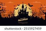 Halloween background with castle, graveyard and bats. Vector illustration.