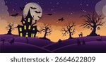 Halloween background with castle, graveyard and bats. Vector illustration.