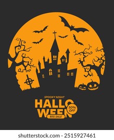 Halloween background with castle, graveyard and bats. Vector illustration.