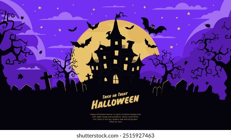 Halloween background with castle, graveyard and bats. Vector illustration.