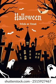 Halloween background with castle, graveyard and bats. Vector illustration.