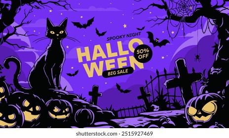 Halloween background with castle, graveyard and bats. Vector illustration.