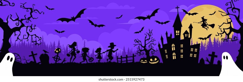 Halloween background with castle, graveyard and bats. Vector illustration.