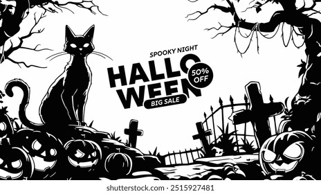 Halloween background with castle, graveyard and bats. Vector illustration.