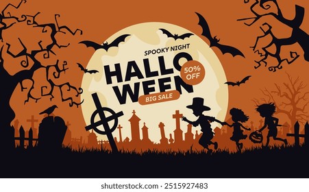 Halloween background with castle, graveyard and bats. Vector illustration.