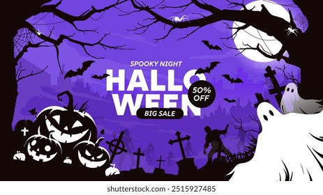 Halloween background with castle, graveyard and bats. Vector illustration.