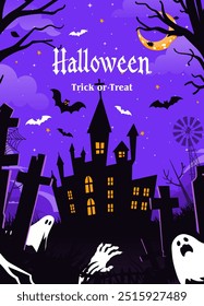 Halloween background with castle, graveyard and bats. Vector illustration.