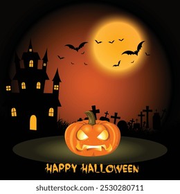 Halloween background with castle, graveyard and bats.
