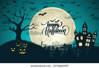 Halloween background with castle, graveyard and bats. Vector illustration.