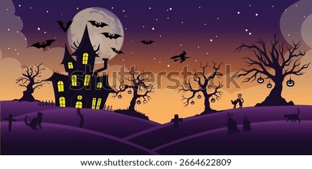 Halloween background with castle, graveyard and bats. Vector illustration.