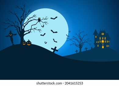 Halloween background with castle, graveyard, full moon, pumpkins, trees and bats