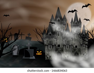 Halloween background. Castle and graveyard with gravestones. Banner or poster for party and sale. Vector illustration.