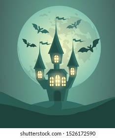 Halloween background with castle, moon and bats