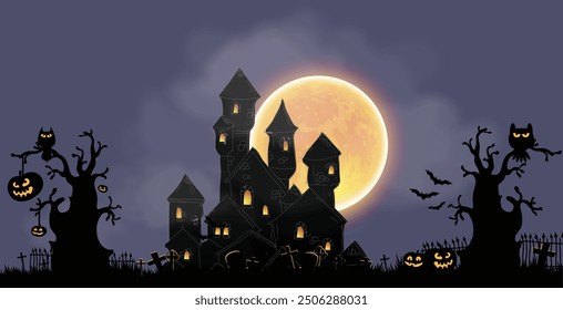 Halloween background with a castle and moon. High detailed realistic illustration.