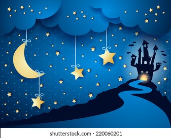Halloween background with castle and moon, vector eps 10