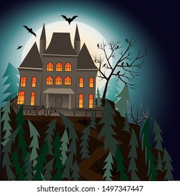 Halloween background Castle on a background of the full moon. Banner or poster for party and sale. Vector illustration