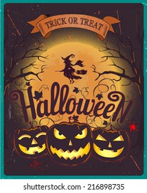 Halloween background with castle, owl, full moon and old style grunge texture, vector illustration