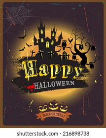 Halloween background with castle, owl, full moon and old style grunge texture, vector illustration